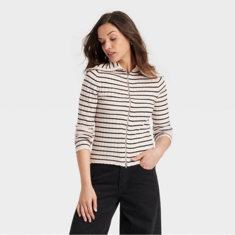 Universal Thread Cream and Black Striped Zippered Cardigan Sweater XL